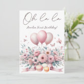 おはようございます ブラッシュ ピンク フローラル ベイビー ガール ファースト バースデー 招待状 (スタンド正面)