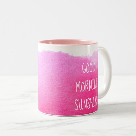 おはようの日光のコーヒー引用文のピンク ツートーンマグカップ (正面右)