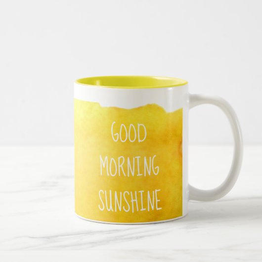 おはようの日光のコーヒー引用文の黄色 ツートーンマグカップ (右)