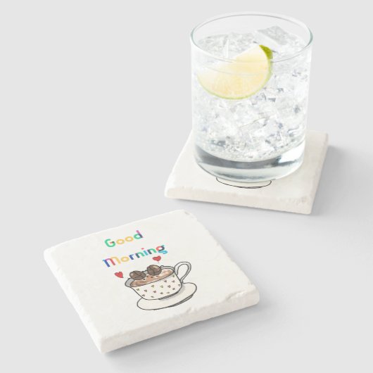 おはようカワイコーヒー豆  ストーンコースター (横)