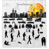 おはようシティーおもしろい前向きユニークよ シャワーカーテン (正面)