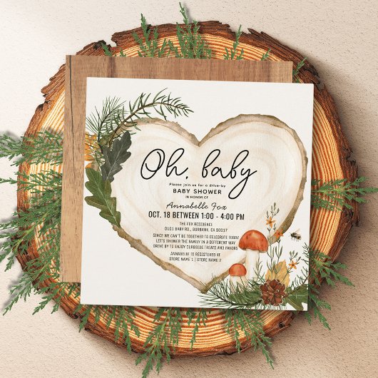 おはようベイビー ウッドスライス キノコ ドライブバイ ベビーシャワー 招待状