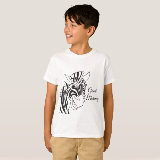 "おはよう"のかわいいシマウマ黒いまたは白のストライプ Tシャツ (正面フル)