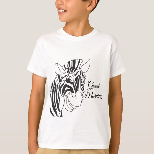 "おはよう"のかわいいシマウマ黒いまたは白のストライプ Tシャツ (正面)