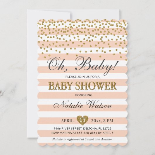 おはよう ベビー ピーチ ゴールド ベビー シャワー ニュートラル  インビテーション (正面)