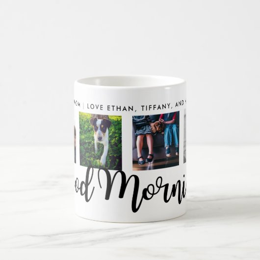 おはよう |モダンタイポグラフィ4枚のフォトグリッド コーヒーマグカップ (中央)