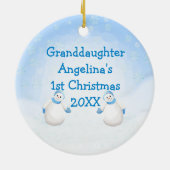 おばあさんの初めてのクリスマス雪だるまラウンド写真 セラミックオーナメント (裏面)