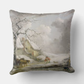 おばあさんを雪だるます男性と冬の風景 クッション (裏面)