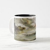 おばあさんを雪だるます男性と冬の風景 ツートーンマグカップ (正面左)