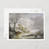 おばあさんを雪だるます男性と冬の風景 ポストカード (正面/裏面)