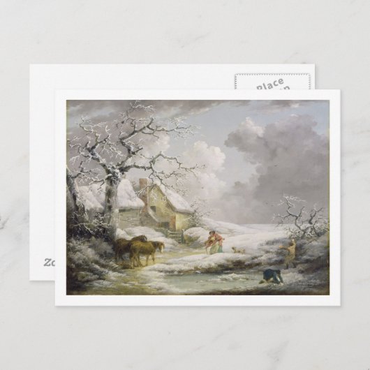 おばあさんを雪だるます男性と冬の風景 ポストカード (正面/裏面)