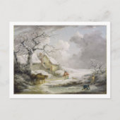 おばあさんを雪だるます男性と冬の風景 ポストカード (正面)