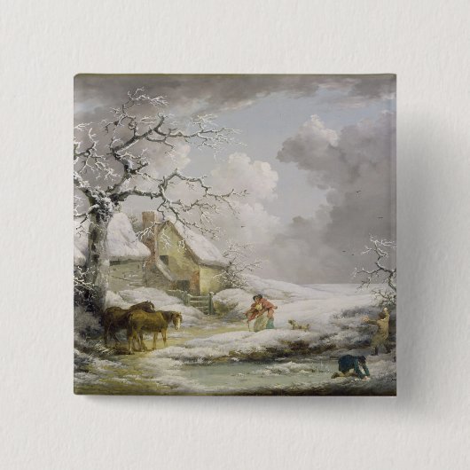 おばあさんを雪だるます男性と冬の風景 缶バッジ (正面)