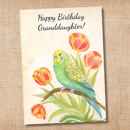 おばあちゃんから孫娘への誕生日おめでとう インコとチューリップ カード