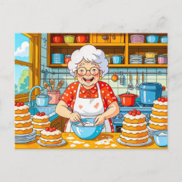 おばあちゃんがパンケーキを料理するイラスト シーズンポストカード