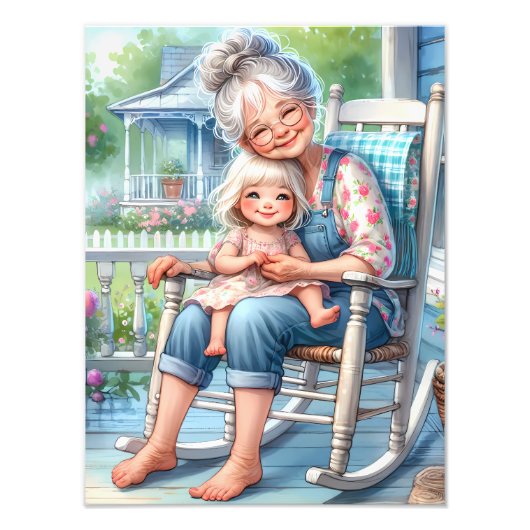 おばあちゃんと孫娘のポーチでの抱擁 フォトプリント (正面)