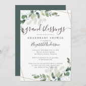 おばあちゃんになるユーカリ金ゴールドグリッターベビーシャワー 招待状 (正面/裏面)