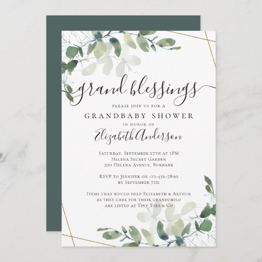 おばあちゃんになるユーカリ金ゴールドグリッターベビーシャワー 招待状 (正面/裏面)
