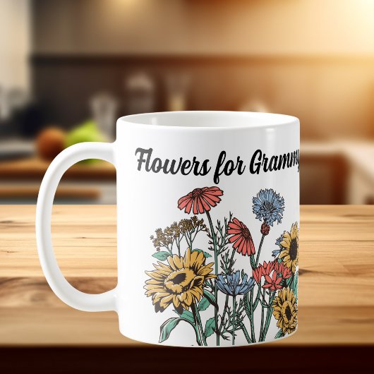 おばあちゃんに花を ブルー/イエロー 名前入り コーヒーマグカップ