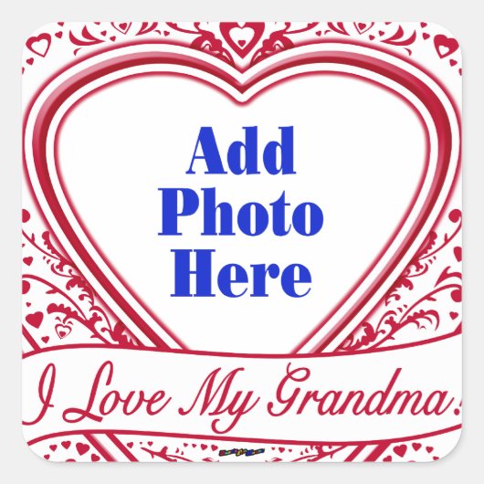 おばあちゃんのことが大好き！フォト赤いハート スクエアシール (正面)