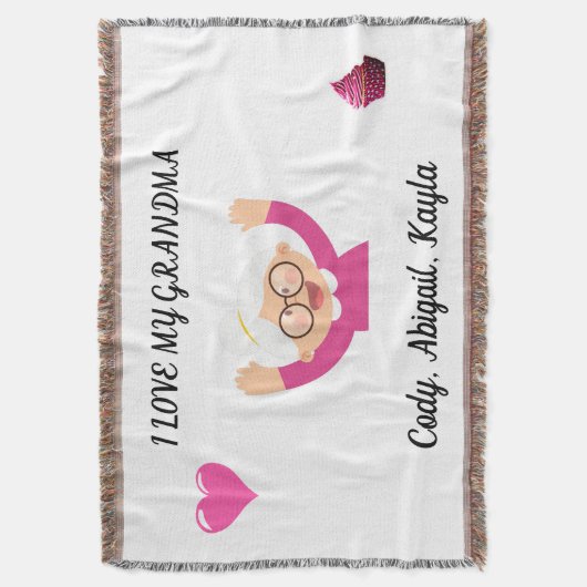 「おばあちゃんのことが大好き」子どもの名前の毛布を投げる。 スローブランケット (正面縦)