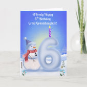 おばあちゃんのひ孫の6歳の誕生日おめでとうスノーマン雪景色 カード (正面)