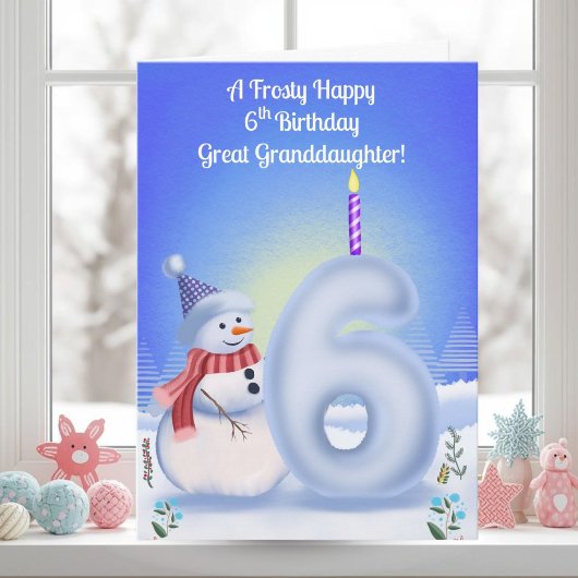 おばあちゃんのひ孫の6歳の誕生日おめでとうスノーマン雪景色 カード