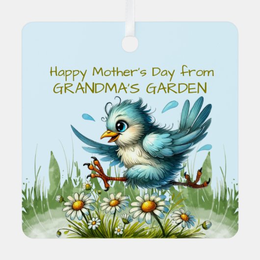 おばあちゃんのガーデンバードからハッピーマザーズおもしろいデー メタルオーナメント (正面)