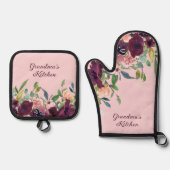 おばあちゃんのキッチンバーガンディ赤面ピンクフローラ 鍋つかみ&鍋敷きセット (正面)