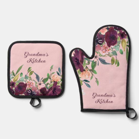 おばあちゃんのキッチンバーガンディ赤面ピンクフローラ 鍋つかみ&鍋敷きセット (正面)