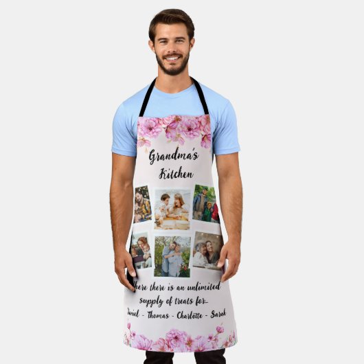 おばあちゃんのキッチンフラワー |カスタム6枚の写真と名前 エプロン (着用した状態)