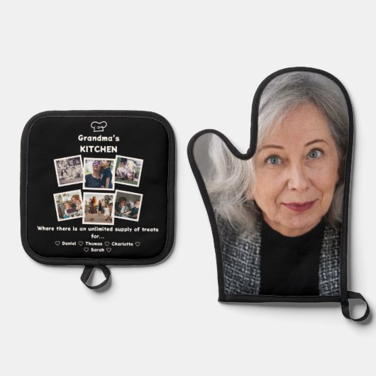 おばあちゃんのキッチン家族と写真コラージュ&名前 鍋つかみ&鍋敷きセット (正面)