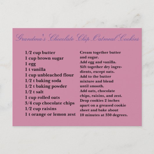 おばあちゃんのチョコレートチップオートミールレーズンクッキー ポストカード (正面)