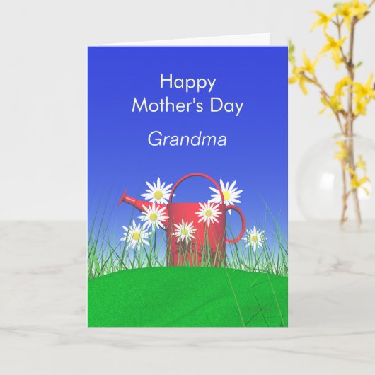 おばあちゃんのデイジーと散水缶の母の日 カード (黄色い花)