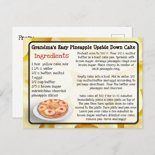 おばあちゃんのパイナップル逆さケーキレシピカード ポストカード (正面/裏面)
