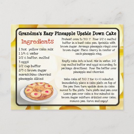 おばあちゃんのパイナップル逆さケーキレシピカード ポストカード (正面)