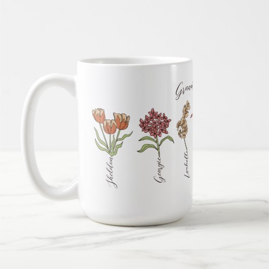 おばあちゃんのフラワーガーデン7グランドキッズ名フローラ コーヒーマグカップ (左)