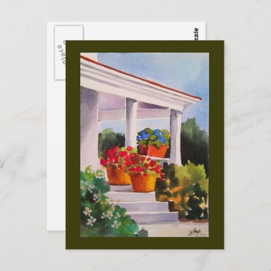 おばあちゃんのフロントポーチと花のポット ポストカード (正面/裏面)