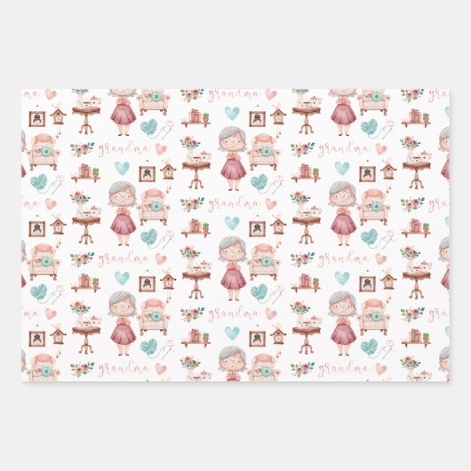 おばあちゃんのラッピング紙フラットシートセット3 ラッピングペーパーシート (正面3)