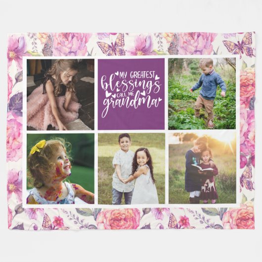 おばあちゃんの写真コラージュ フリースブランケット (正面(横))