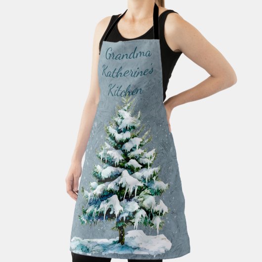 おばあちゃんの冬の雪のスプルースの木をパーソナライズ エプロン (インサイチュ)