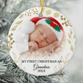 おばあちゃんの初めてのクリスマス写真金ゴールドの葉 セラミックオーナメント