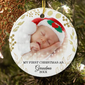 おばあちゃんの初めてのクリスマス写真金ゴールドの葉 セラミックオーナメント