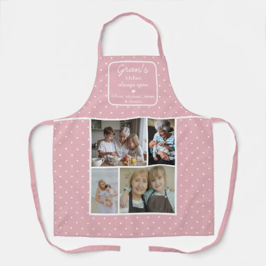 おばあちゃんの台所はいつも開いている ドット柄ピンクの写真 エプロン (正面)