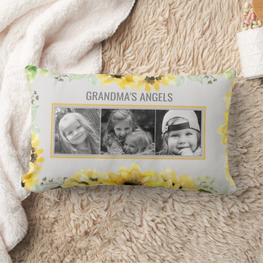 おばあちゃんの天使 ひまわり グレー 3枚の写真の名前 ランバークッション (ブランケット)
