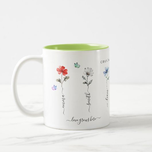 おばあちゃんの庭とグランドキッズの名前Water color ツートーンマグカップ (左)