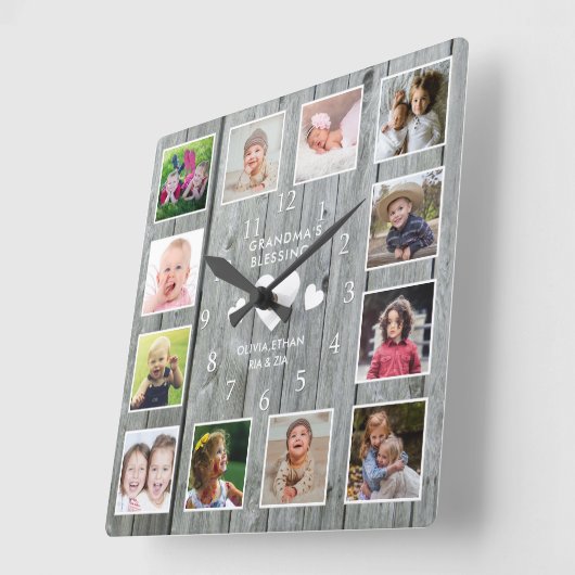 おばあちゃんの恵み12フォトコラージンググレーウッド スクエア壁時計 (傾斜)