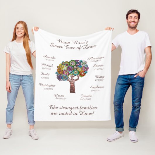 おばあちゃんの木のフローラ、白い10の名前/日付に茶色 フリースブランケット (インサイチュ)