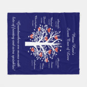 おばあちゃんの木(ハート)、白/海軍8の名前と日付 フリースブランケット (正面(横))