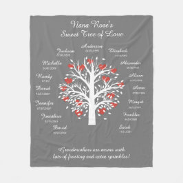 おばあちゃんの木(ハート)、白/灰色、15名/日付 フリースブランケット